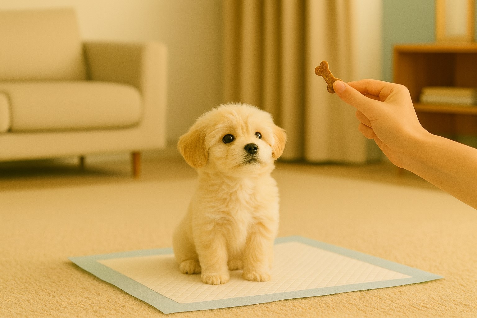 배변 패드 앞에서 보호자를 올려다보는 아기 강아지, 손에는 보상 간식이 준비된 장면