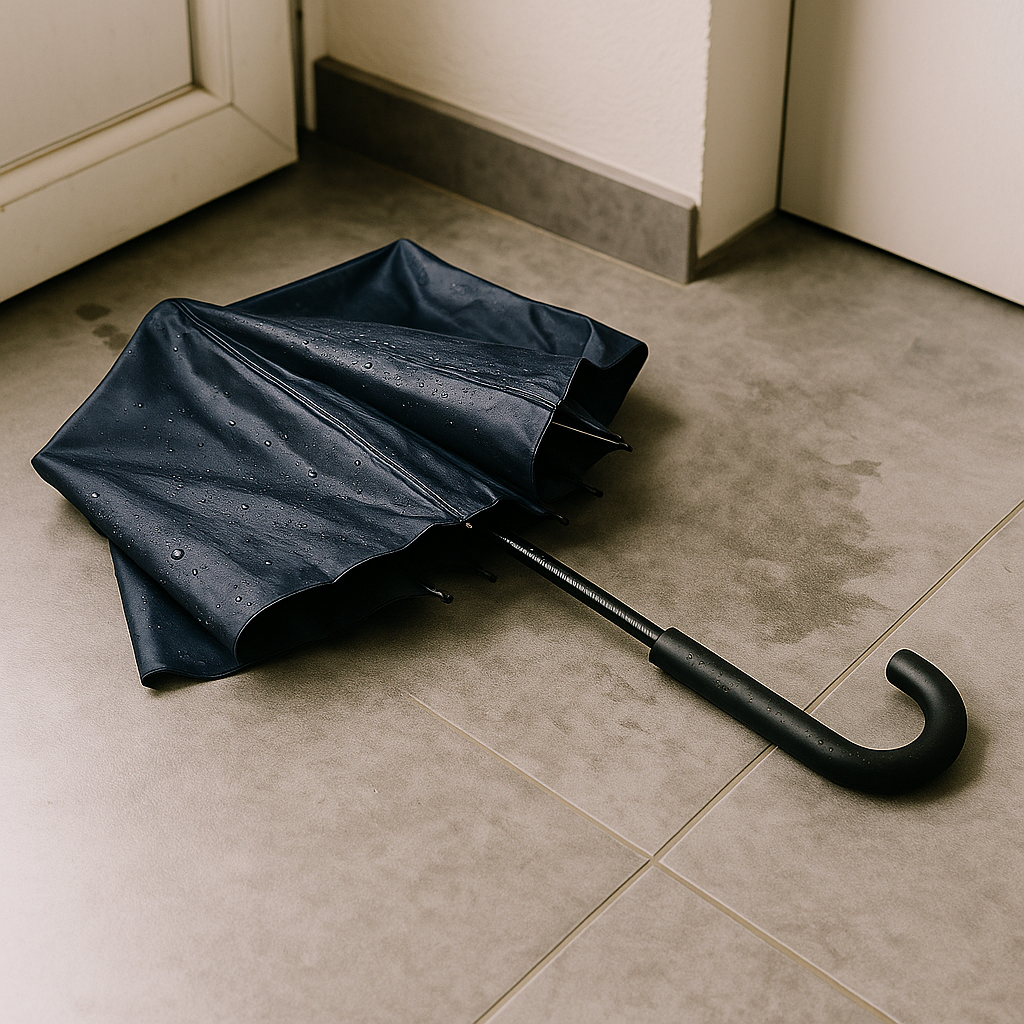 비에 젖은 파란 우산이 접힌 채 현관 바닥에 누워 있는 모습