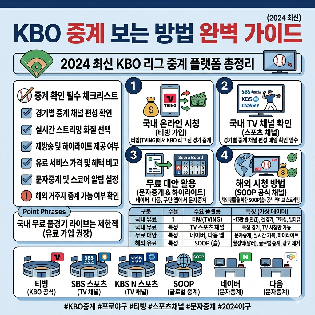 KBO 중계 보는 방법, 무료 중계 플랫폼, 티빙&middot;TV채널&middot;문자중계까지 최신 정리 인포그래픽