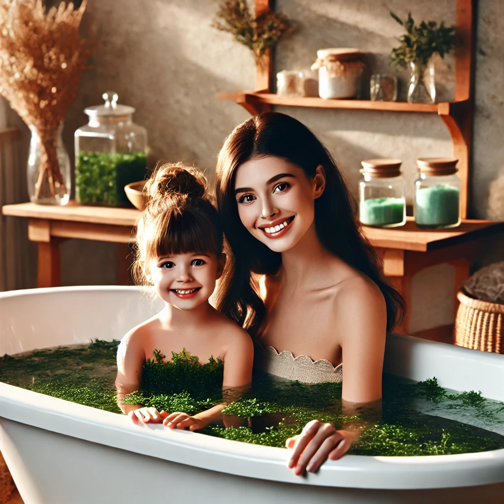 엄마와 아이가 해조류 목욕하는 사진