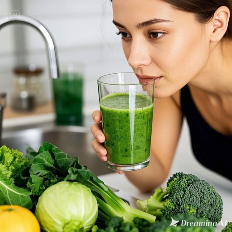 건강하고 맑은 피부를 가진 여성이 십자화과 채소(브로콜리, 케일, 양배추)로 만든 초록색 스무디를 마시고 있는 모습. 배경에는 신선한 채소들과 해독을 상징하는 깨끗한 물, 자연스러운 조명이 비치는 밝고 건강한 분위기의 키친 인테리어.