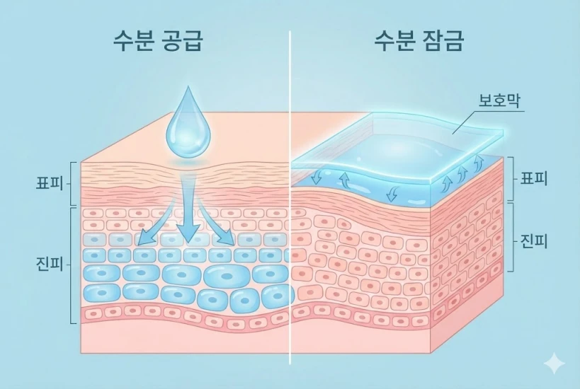 피부 단면을 보여주는 비교 일러스트입니다. 왼쪽은 파란 물방울이 피부 속으로 스며드는 모습으로 수분 공급을 표현하고, 오른쪽은 피부 표면 위에 투명한 보호막이 형성된 모습으로 바세린의 수분 잠금 기능을 설명합니다. 부드러운 파스텔 톤으로 피부 과학 원리를 알기 쉽게 표현했습니다.