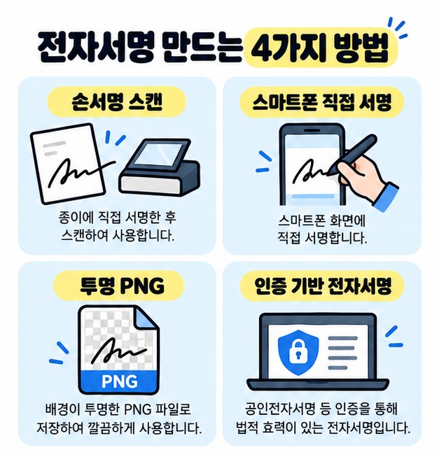 손서명 스캔, 스마트폰 직접 서명, 투명 PNG, 인증 기반 전자서명의 특징과 용도를 비교한 카드