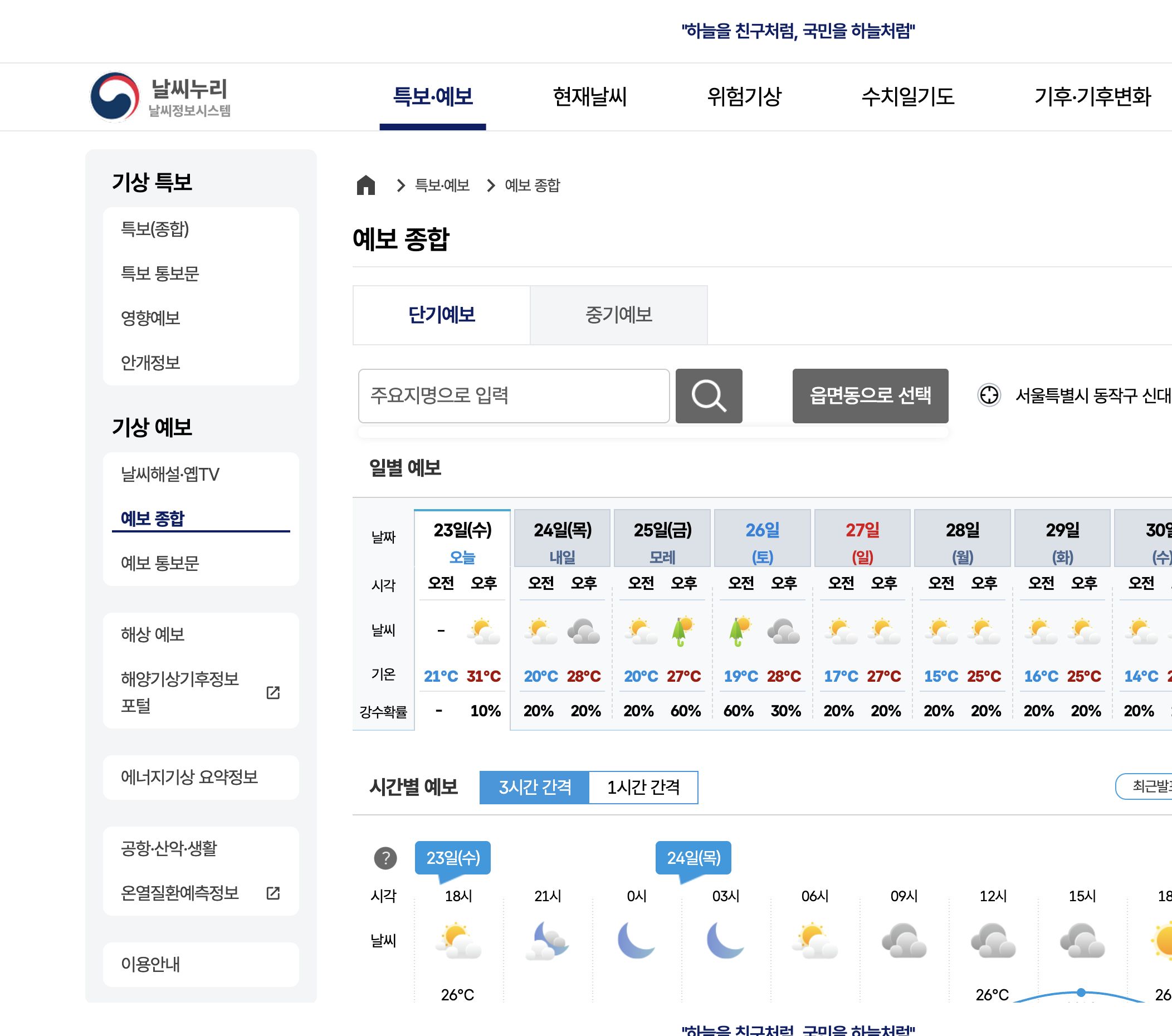 기상청 단기예보 화면, 서울 기준 추석 연휴 일자별 날씨