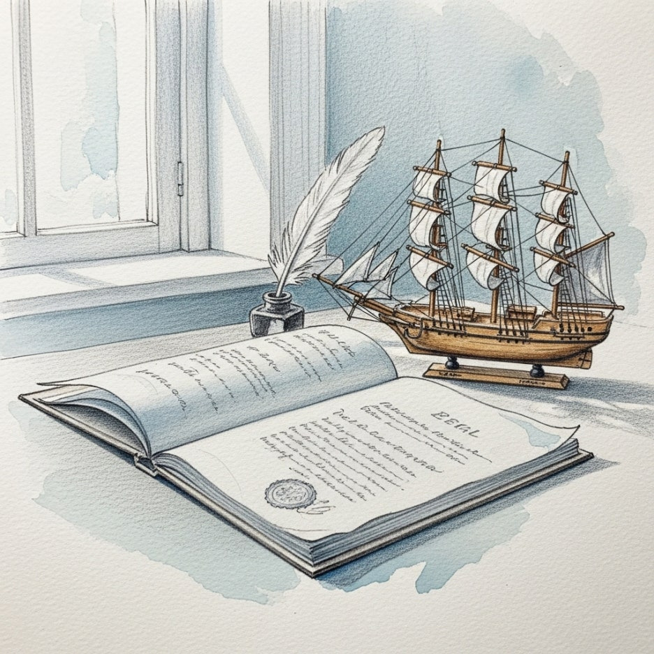 법전과 선박 모형이 놓인 차분한 분위기의 데스크