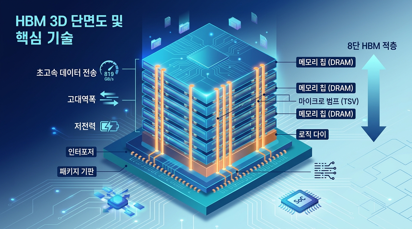여러 층으로 쌓아 올린 HBM 반도체의 TSV 패키징 구조도