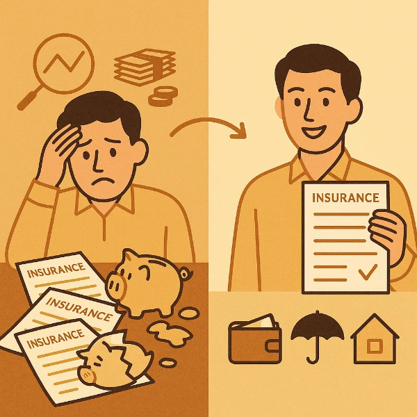 복잡했던 보험 서류가 깔끔하게 정리되어 만족스러워하며 미래를 계획하는 사람의 모습 일러스트