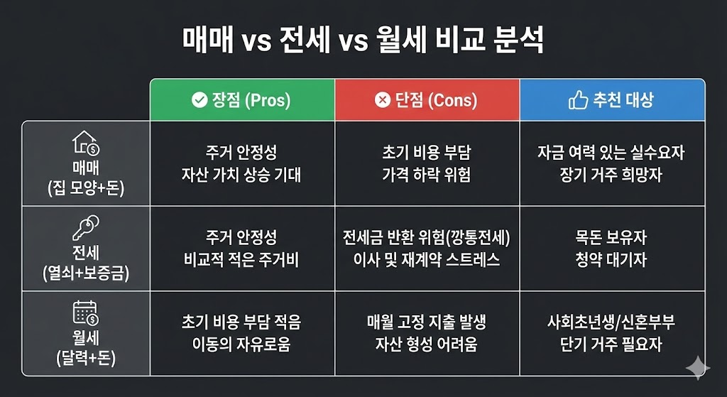 비교표: 매매 vs 전세 vs 월세, 나에게 맞는 선택은?
