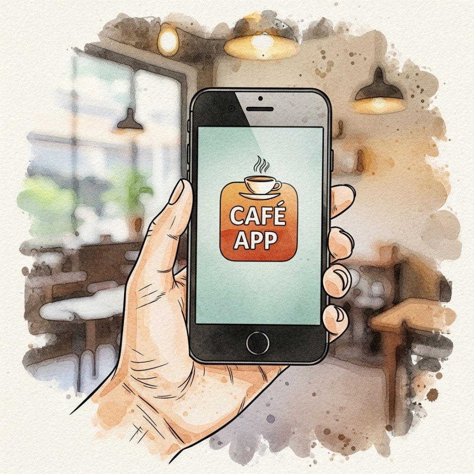 카페 앱을 확인하며 제품을 기다리는 손의 모습