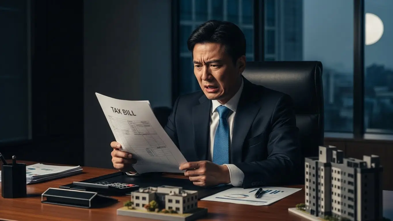 법인 대표가 아파트 매매 계약서와 예상 세금 고지서를 번갈아 보며 충격에 빠진 모습