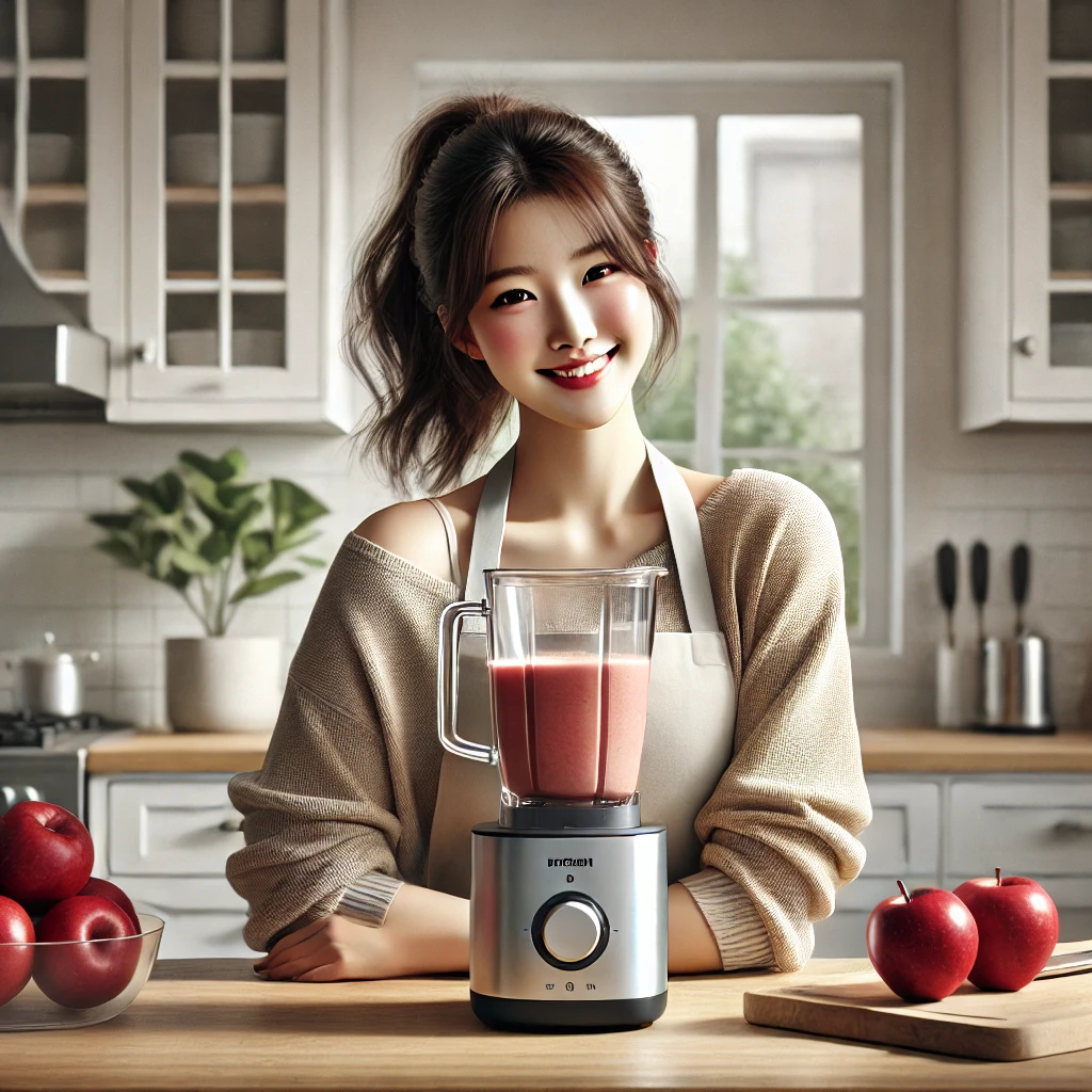 현대적인 주방에서 사과 스무디를 만드는 한국 여성, 미소 짓는 모습, 블렌더 사용, 신선한 사과와 나무 조리대, 자연광 가득한 따뜻한 분위기
