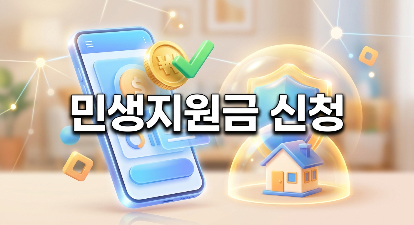 디지털 화면이 띄워진 빛나는 스마트폰에서 금화와 초록색 체크 표시가 나오고 그 옆에 방패가 작은 집을 보호하는 3D 일러스트 배경에, 짙은 그림자와 외곽선으로 선명하게 강조된 '민생지원금 신청'이라는 한글 문구가 중앙에 적힌 이미지