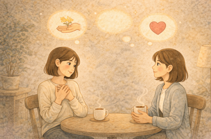 두 친구가 서로 즐겁게 대화하는 모습 사진