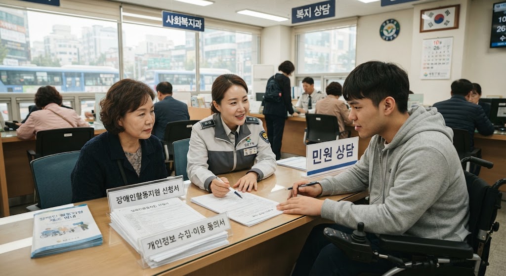 주민센터에서 장애인활동지원 서비스를 신청하는 장애인