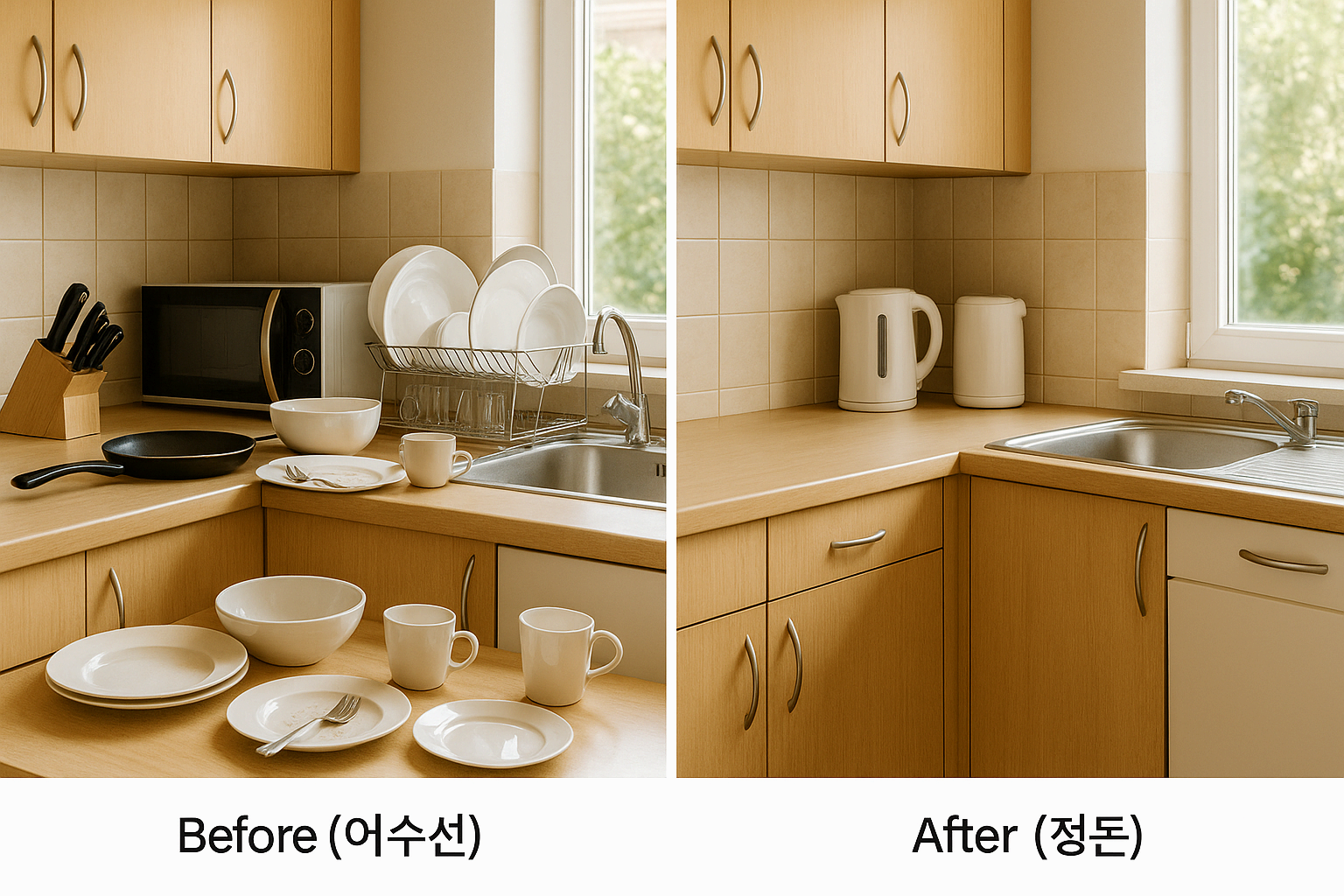 10분 주방 정리 방법 전후 비교 싱크대와 작업대 정리 모습