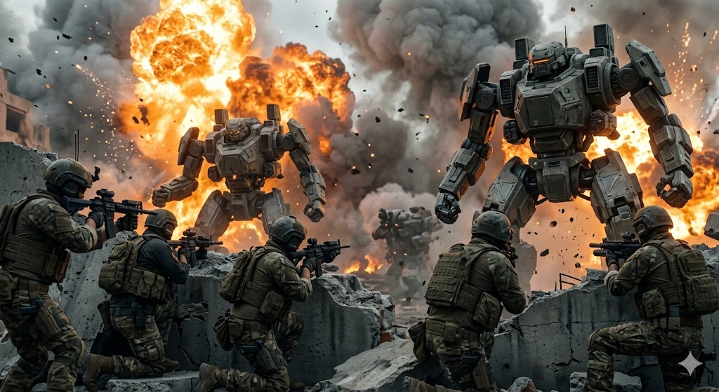 넷플릭스 아웃사이드 더 와이어 대규모 폭발이 일어나는 전장에서 육중한 전투 로봇 검프와 대치하는 미군들의 긴박한 시가전