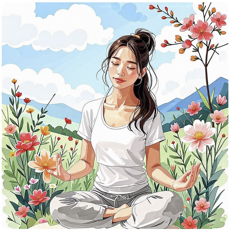 자연 풍경과 편안한 옷을 입고 건강한 라이프 스타일을 추구하는 동양 여성의 모습이 수채화로 그려져 있다