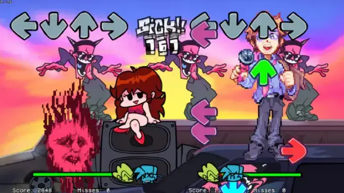 Friday Night Funkin&rsquo; 게임 화면을 보여주는 이미지로, 오른쪽 캐릭터가 마이크를 들고 리듬에 맞춰 춤을 추고 있으며, 왼쪽에는 여성 캐릭터가 스피커 위에 앉아 있고, 화면 상단에는 방향키 입력 아이콘들이 표시되어 있는 모습. 게임 특유의 레트로풍 그래픽과 화려한 배경 색감이 돋보인다.