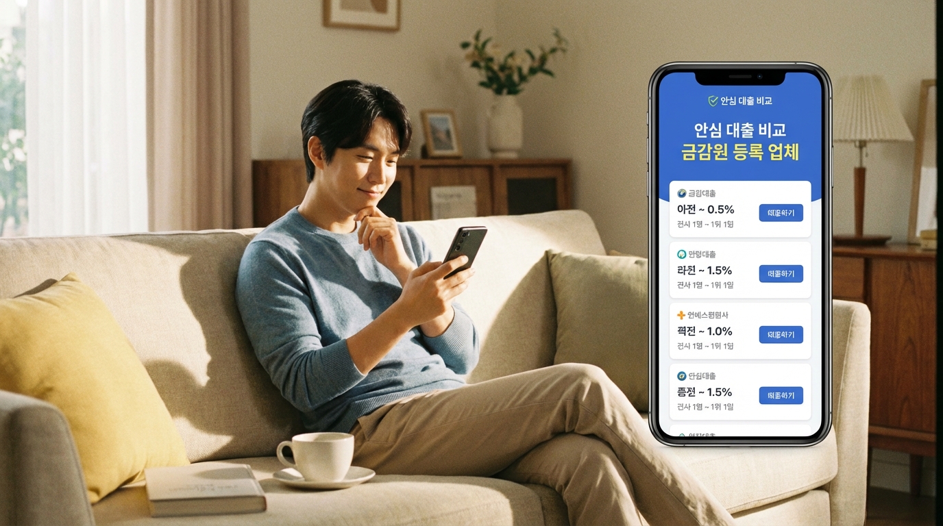 스마트폰으로 안전한 대부 중개 앱을 이용하여 금감원 등록 업체의 대출 조건을 안심하고 비교 조회하는 소비자의 모습