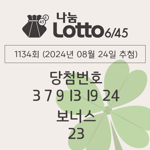 로또당첨번호조회 1134회 (2024년 08월 24일 추첨) 1등 당첨 번호 3 7 9 13 19 24 보너스 23, 1등 당첨 판매점 동행복권 로또645