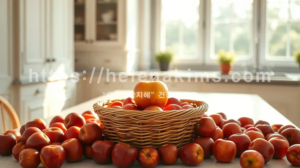 깨끗한 주방 식탁 위에 유리컵에 물 한 잔과 대나무 바구니에 담긴 빨간 사과 모습.