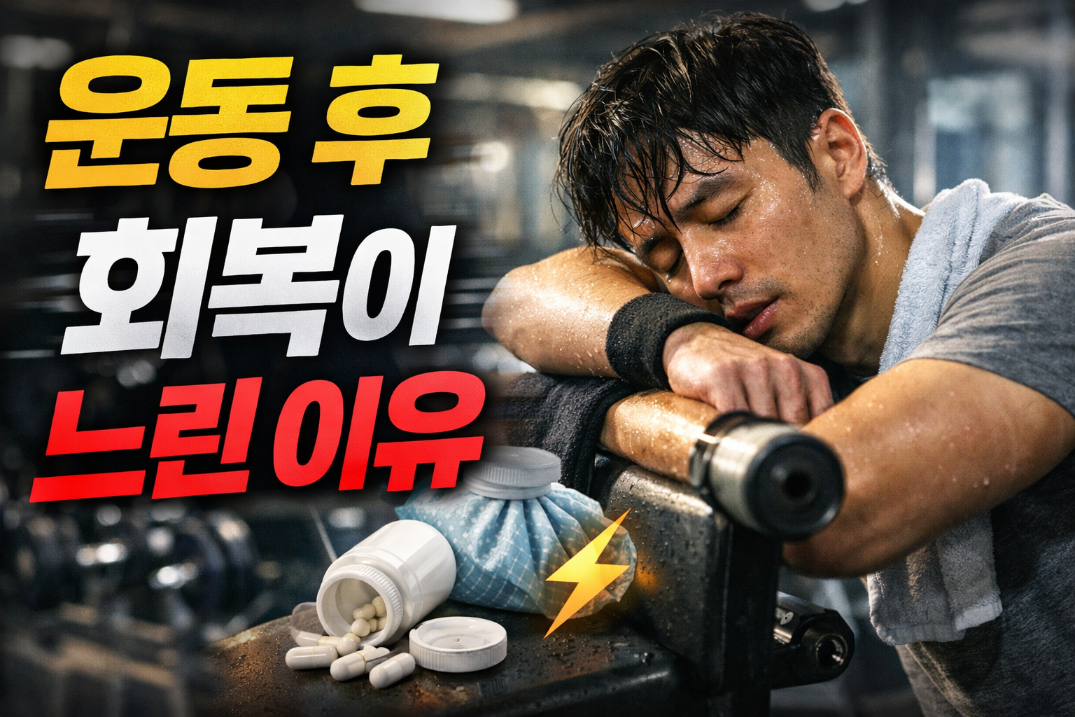 운동 후 회복이 느린 이유를 설명하는 이미지, 헬스장에서 운동 후 지친 남성이 휴식과 회복 문제를 겪는 모습