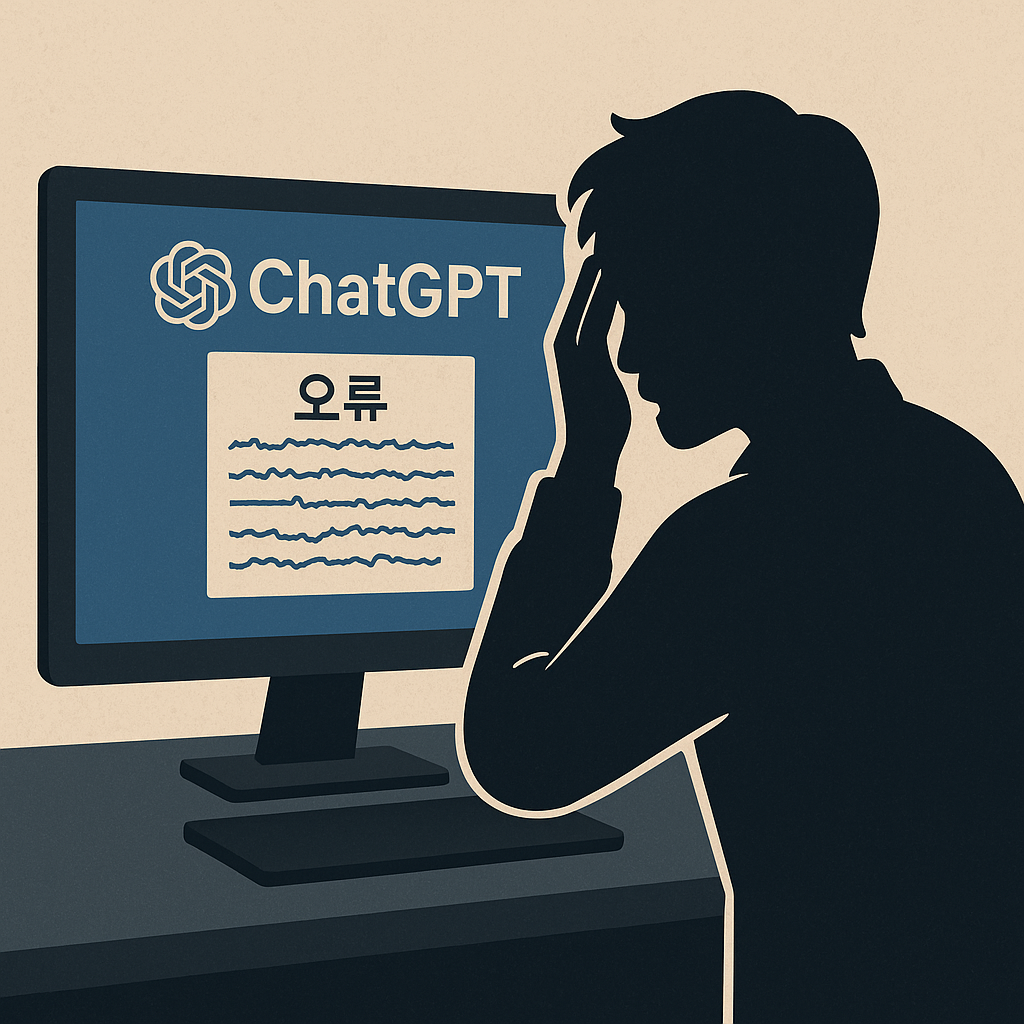 챗GPT-로고가-보이는-컴퓨터-모니터에서-깨진-한글-문서가-출력되고-있고,-그-앞에서-당황하는-사람의-실루엣-일러스트