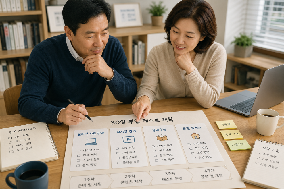 중장년이 30일 부업 테스트 계획을 세우며 N잡 아이템을 고르는 장면