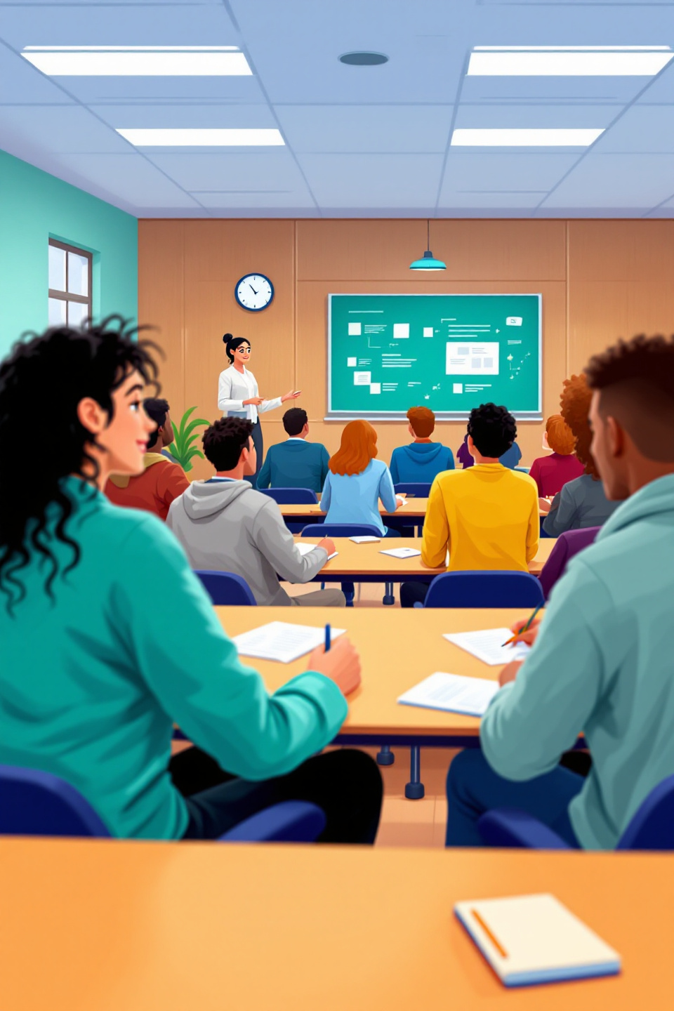 대학교 강의실에서 학생들이 강의를 듣고 있는 모습을 애니매이션으로 표현