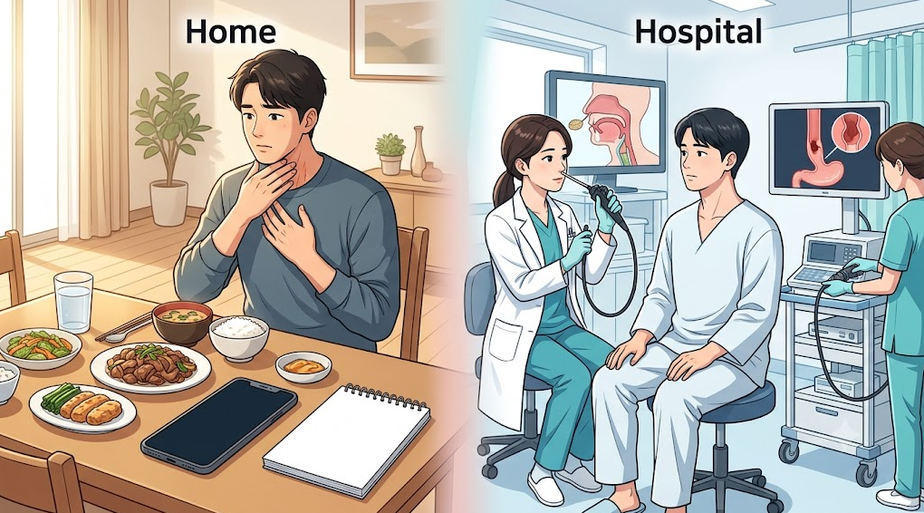 집에서의 증상 관찰과 병원에서의 삼킴 및 식도 전문 검사의 역할을 비교하는 메디컬 일러스트
