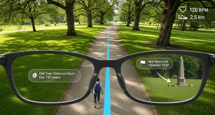 스마트 안경을 착용한 사람이 공원을 걷는 모습. 안경 렌즈에는 증강 현실 내비게이션 경로와 주변 사물 정보가 표시되어 자연 속에서 기술이 일상을 돕는 장면을 보여준다.