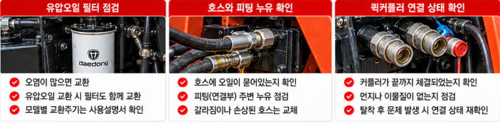 유압필터와 호스&middot;커플러를 확인합니다