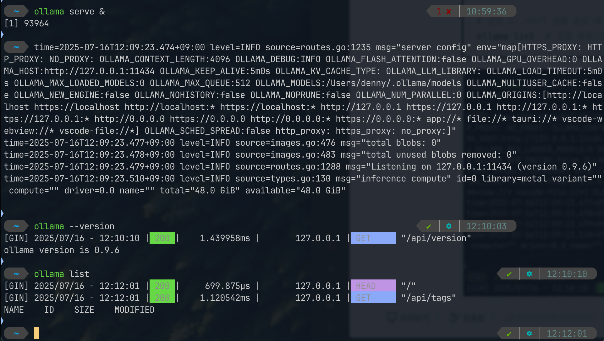 Ollama 서버가 정상적으로 백그라운드에서 실행되고, Ollama 버전 확인도 정상적입니다.