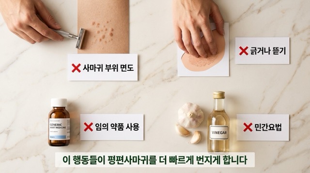 평편사마귀 집에서 금지 행동 긁기 뜯기 면도 공유 민간요법"