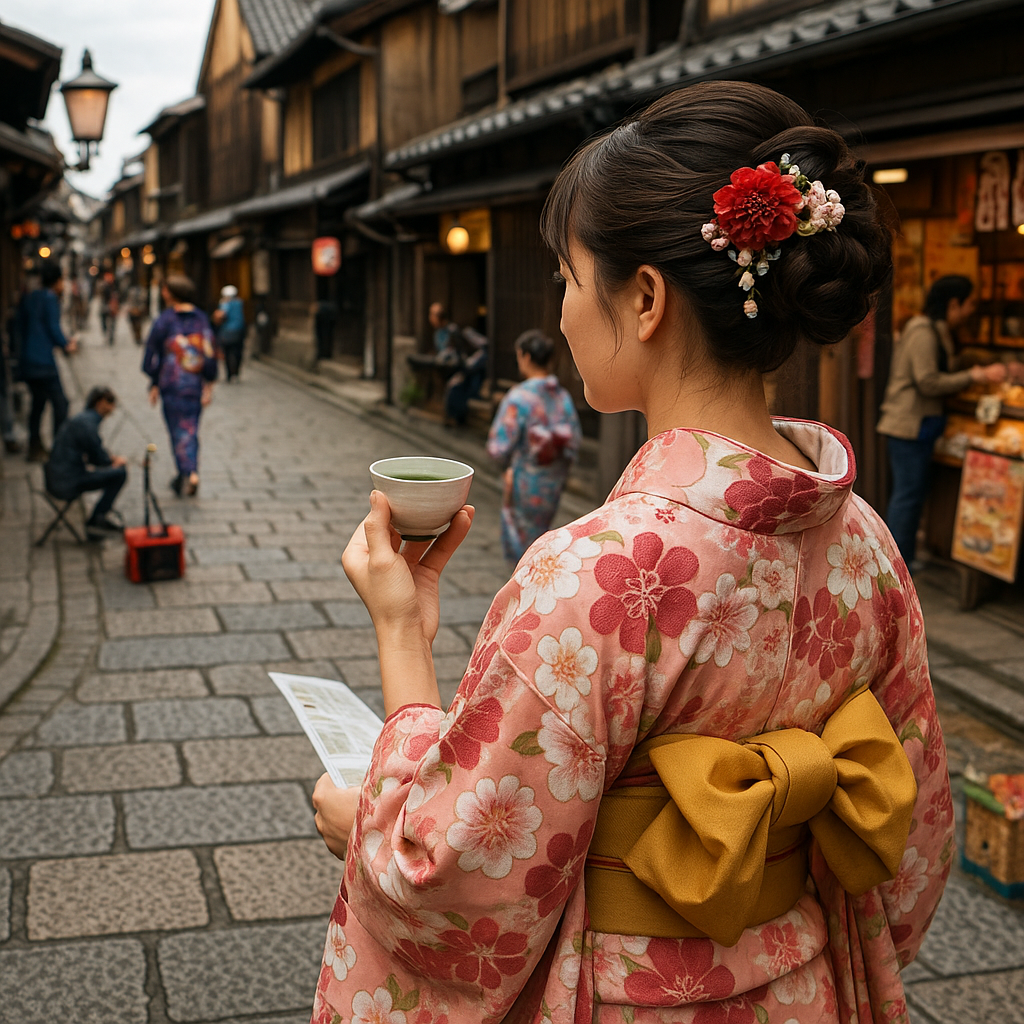 기온 거리에서 기모노를 입은 여성이 녹차를 들고 전통 풍경을 감상하는 모습