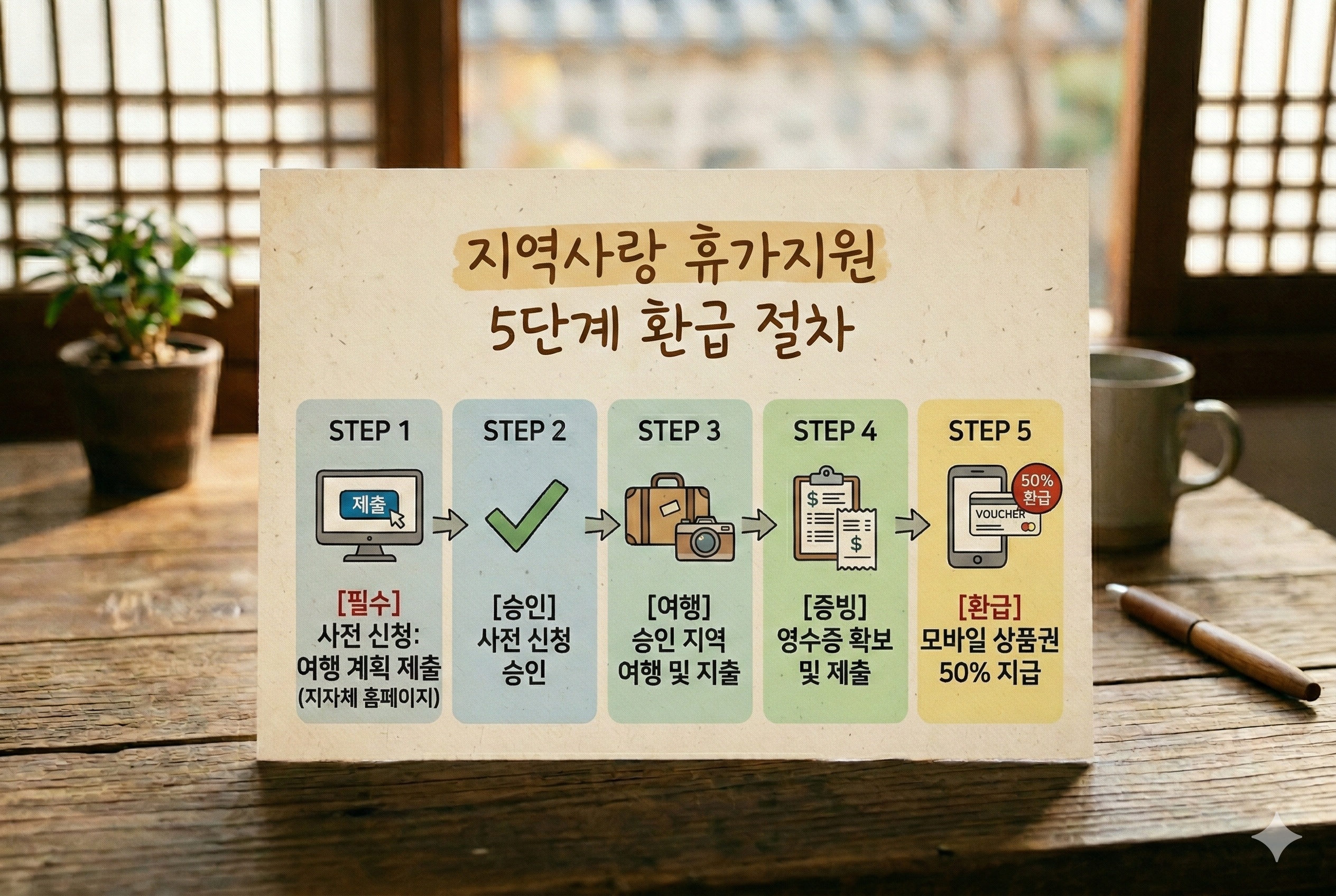 대한민국 구석구석 지역 확인부터 지자체 사전 승인, 여행 및 지출, 증빙 제출, 모바일 상품권 환급 완료까지 이어지는 지역사랑 휴가지원 5단계 사전 신청 및 환급 절차 순서도
