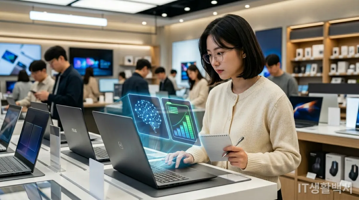 전자제품 매장에서 NPU 성능, 배터리 수명 등 AI 노트북 구매 기준을 꼼꼼히 확인하는 한국인 소비자