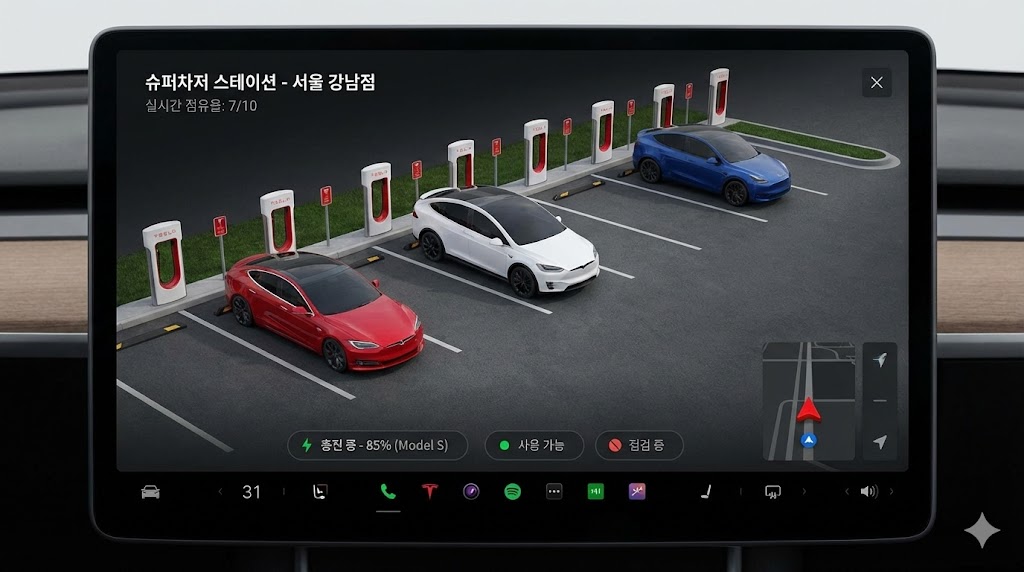 슈퍼차저 스테이션의 3D 맵 화면. 어떤 칸에 모델 3가 있고, 어떤 칸에 모델 X가 충전 중인지 정교하게 표시되는 디스플레이 샷