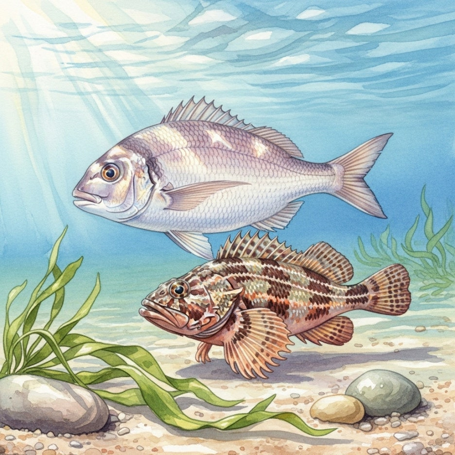 통영 바다 속에서 헤엄치는 참돔과 우럭의 모습