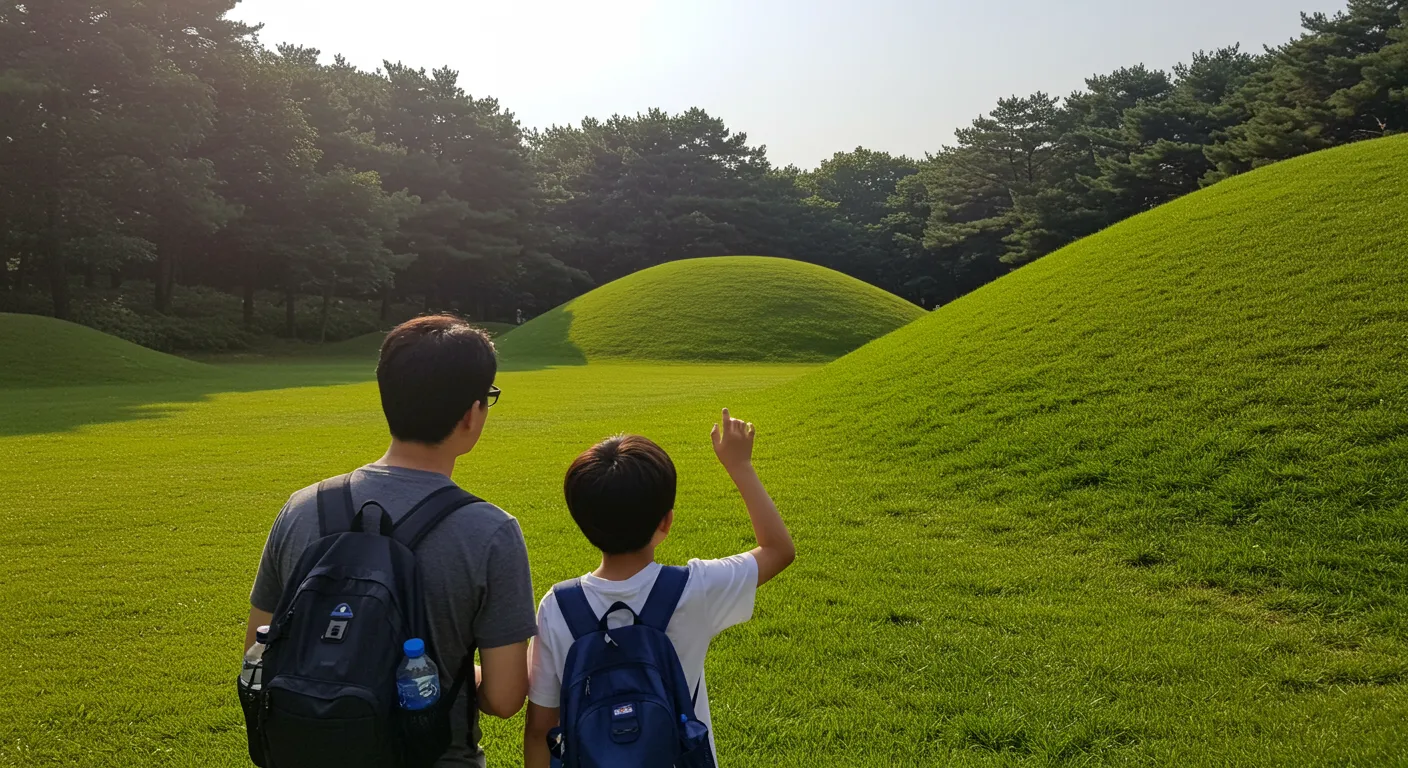 경주고분을 아이에게 설명해주는 아빠의 모습