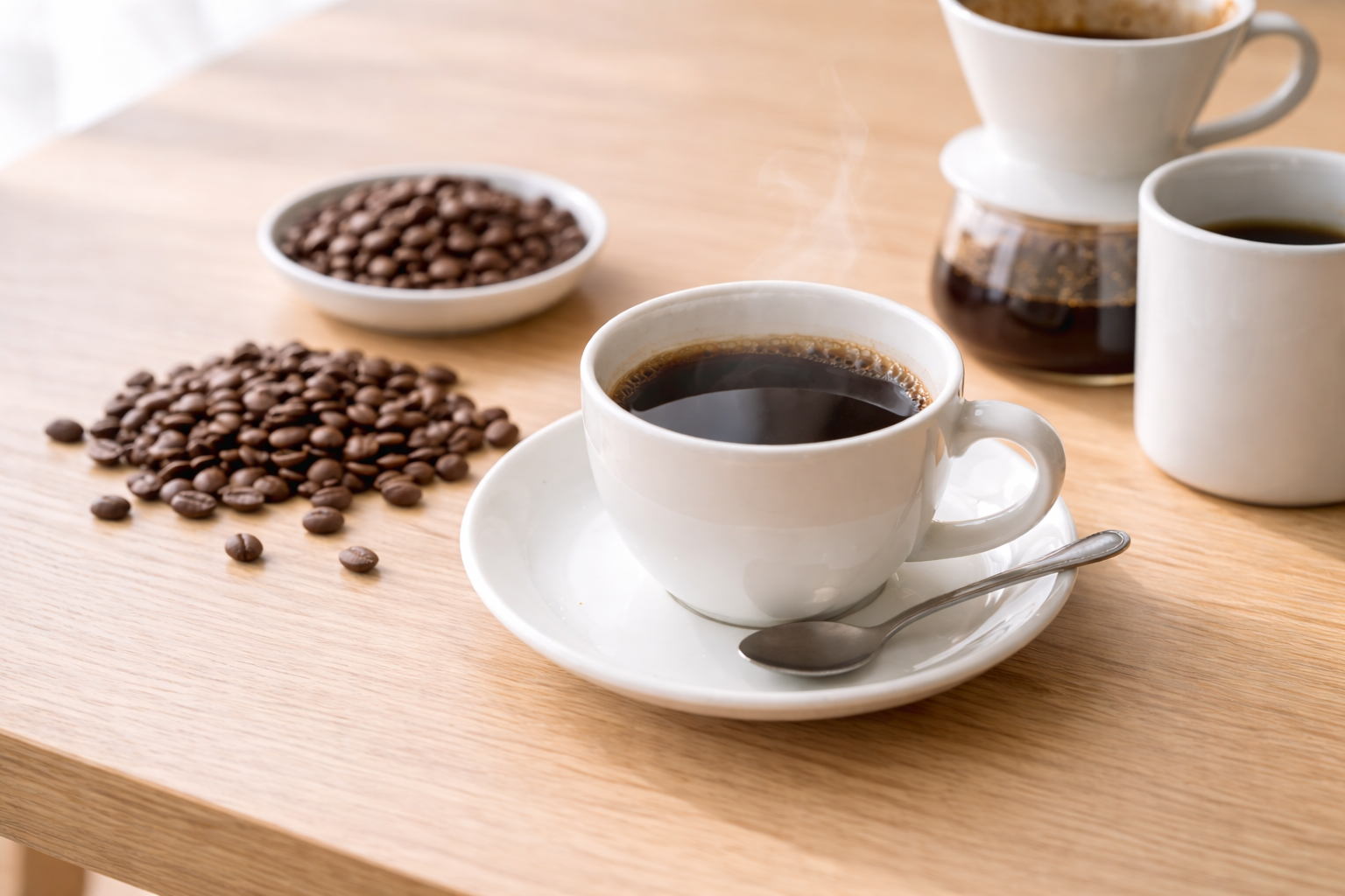 커피 향이 약하게 느껴지는 이유를 떠올리게 하는 따뜻한 커피와 원두 이미지