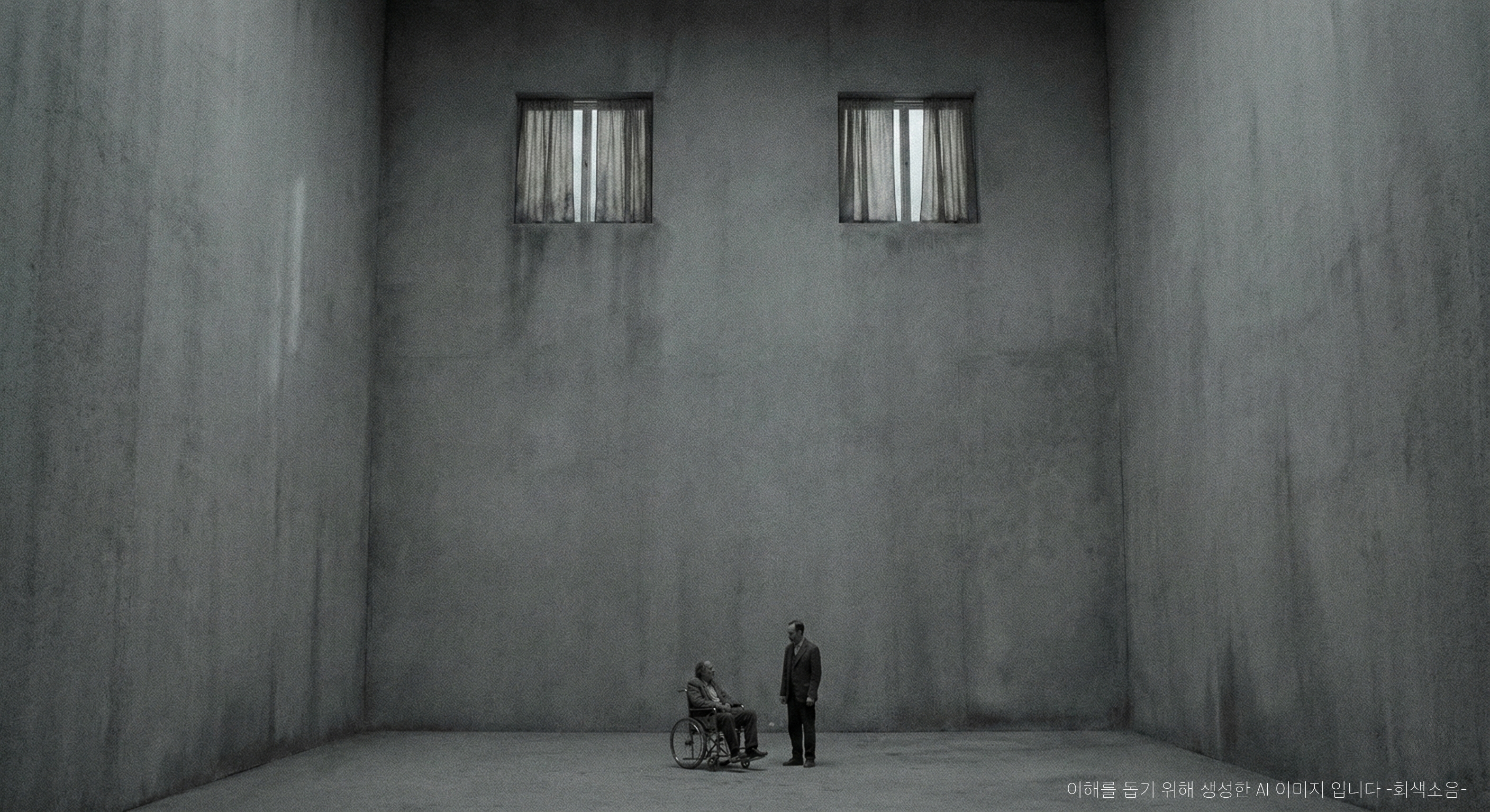 높은 천장의 회색 방 안에서 휠체어의 인물과 서 있는 인물이 거대한 빈 벽에 압도된 채 놓인, 시간감각이 사라진 듯 답답한 와이드 장면.