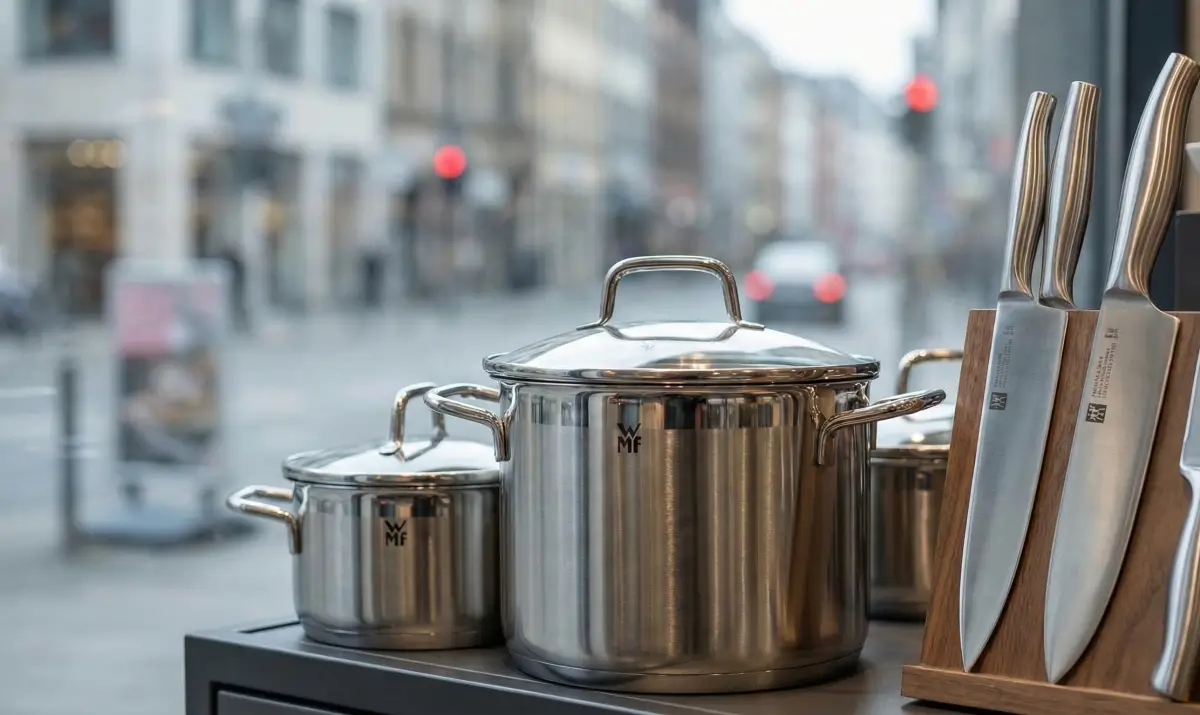 쇼윈도에 전시된 WMF 냄비와 헹켈 쌍둥이 칼 세트