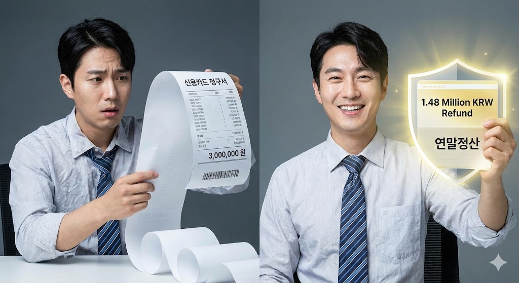 무서운 '카드값 청구서'를 든 직장인이, 더 강력한 '148만원 환급 통장'을 들고 안도하며 웃는 모습