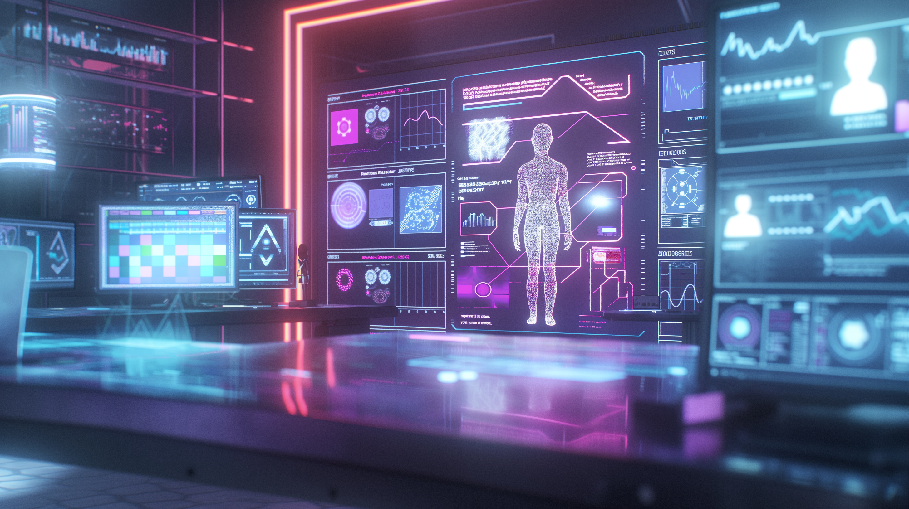 하나의 AI 에이전트가 여러 형태의 데이터를 동시에 인식·분석하며 다양한 업무 아이콘을 처리하는 개념 일러스트