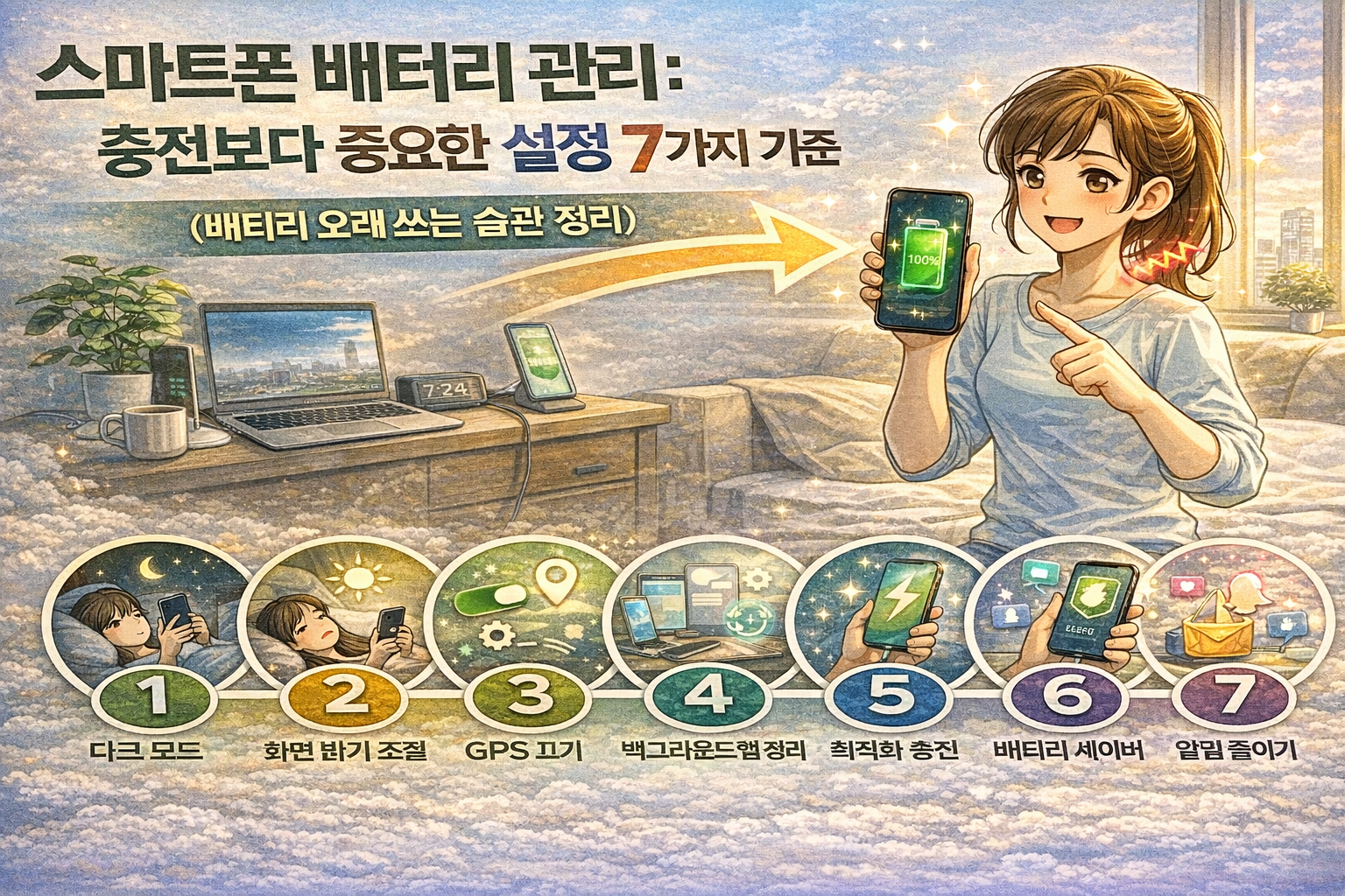 스마트폰 배터리를 오래 쓰기 위해 충전보다 중요한 설정 7가지를 설명하는 일러스트, 화면 밝기&middot;백그라운드 앱&middot;배터리 세이버 등 관리 습관을 시각적으로 표현