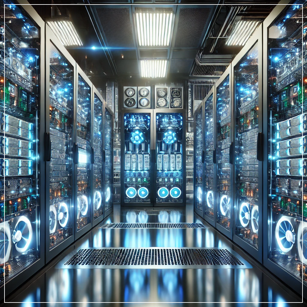 최첨단 AI 서버룸에 GPU, TPU, NPU와 같은 고성능 하드웨어가 배치된 모습