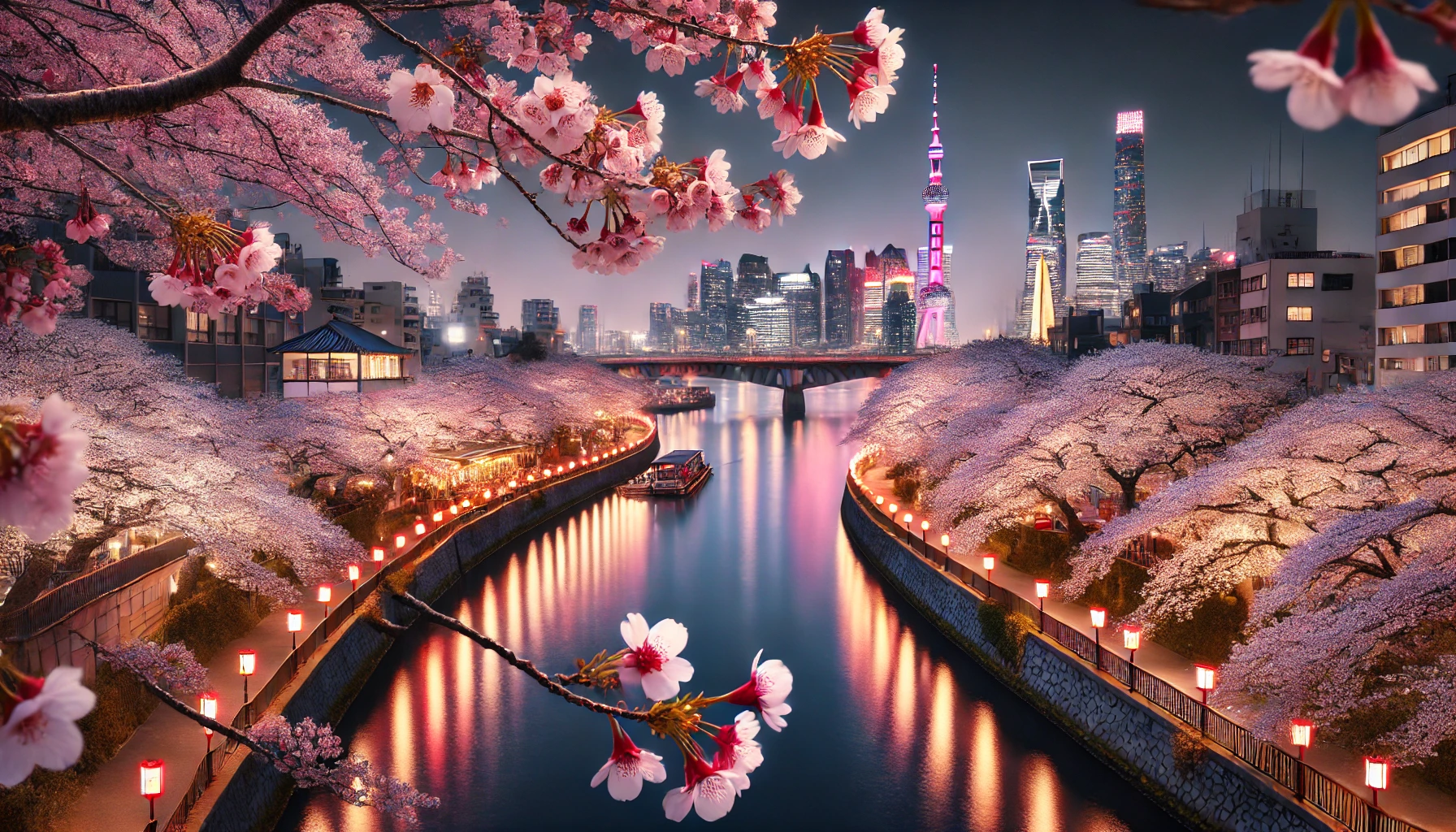 스미다가와 강변을 따라 만개한 벚꽃과 야경이 조화로운 풍경