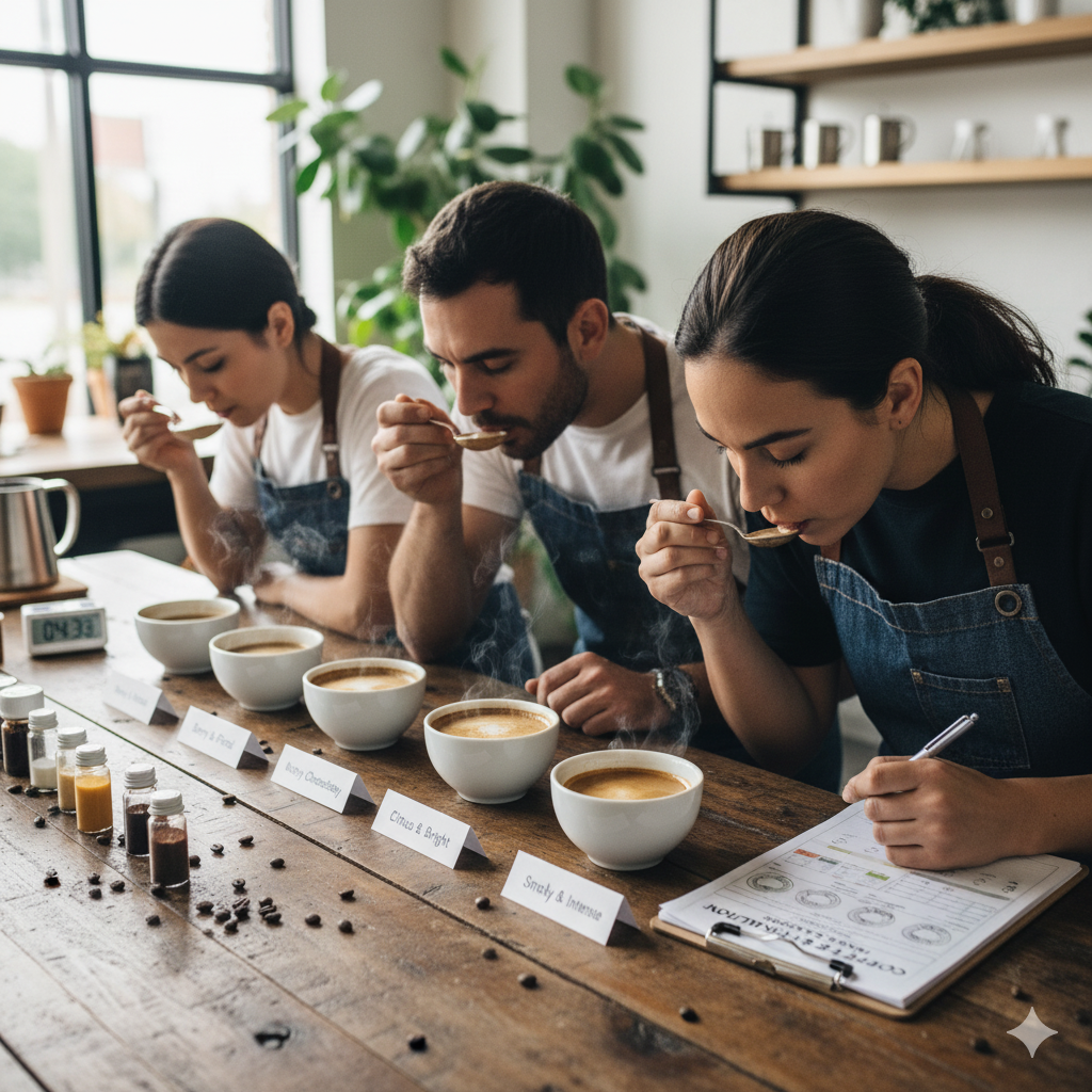 커피 풍미 분석을 위한 커핑 테이블 위에서 산미·바디감·향미를 비교 평가하는 장면(이미지 생성:google)