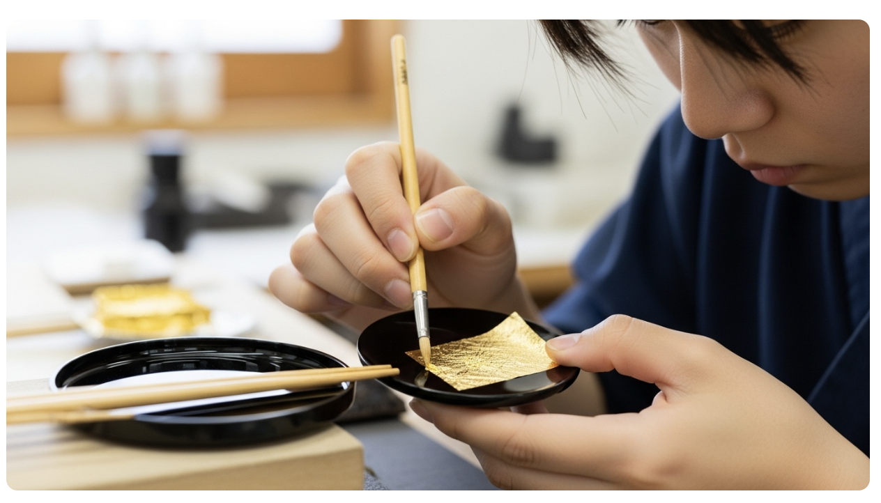 가나자와 금박 공예 체험에서 금박을 정성스럽게 입히는 젊은 여행객의 손